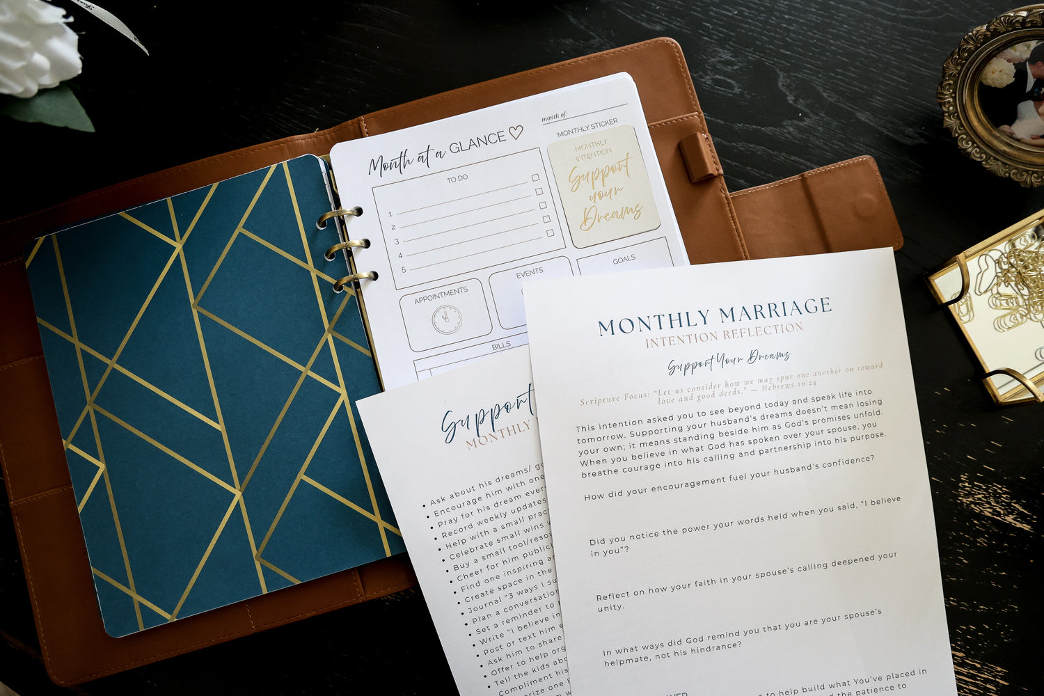 Honor Him Marriage Transformation Planner featuring the Monthly Marriage Intention Reflection, monthly planning pages, and faith-based prompts to help wives intentionally strengthen communication, encouragement, and connection in marriage.