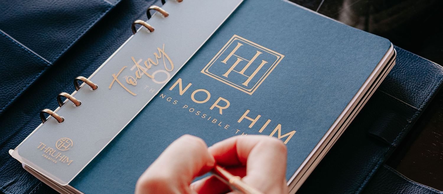 Honor Him Marriage Transformation Planner with Today bookmark displayed inside the premium navy padfolio, designed to help wives build stronger communication, gratitude, and daily marriage habits.