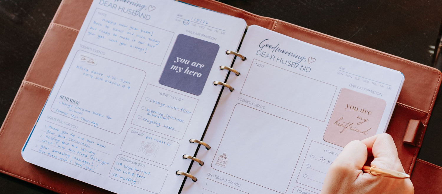 Wife writing in the Honor Him Marriage Transformation Planner while completing daily affirmations, gratitude, and intentional marriage planning to strengthen her relationship with her husband.