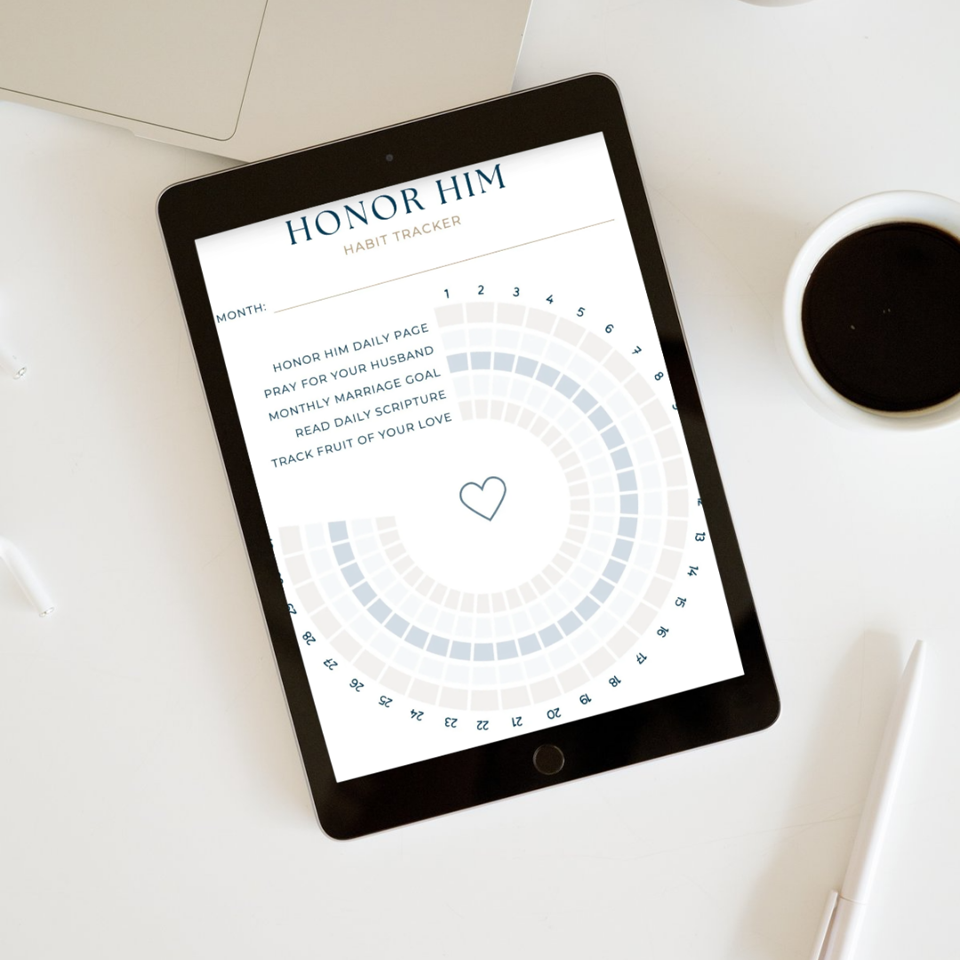 Honor Him habit tracker worksheet displayed on a tablet with a cup of coffee on a white surface