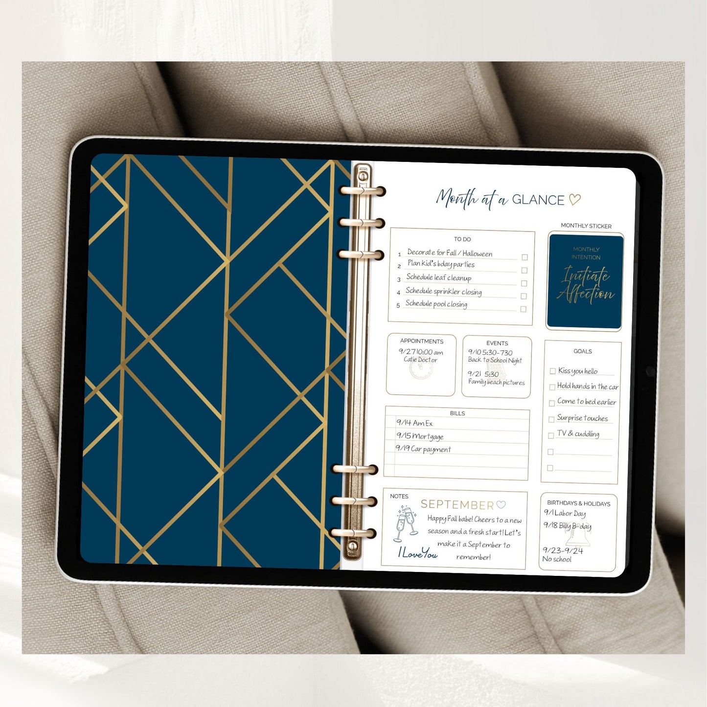 Month at a glance calendar page displayed on tablet for marriage planning, reflection, and intentional daily habits