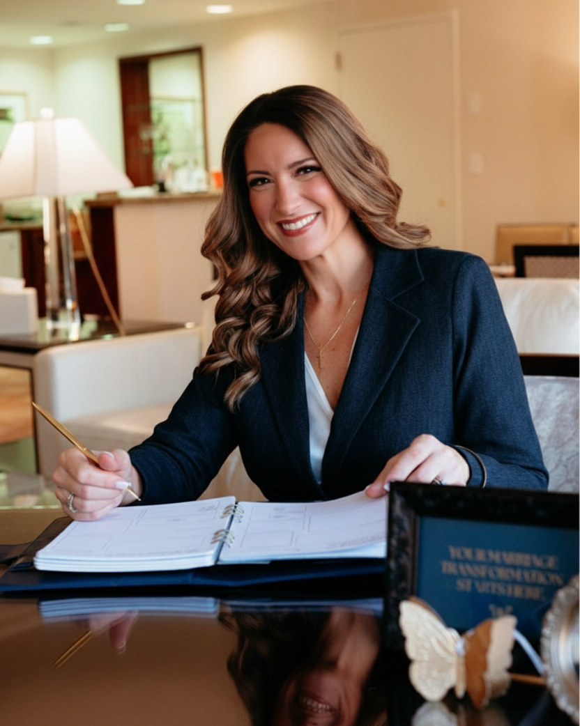 Catie, founder of ThruHim Creative, holding the Honor Him Christian marriage planner and sharing her passion for strengthening marriages through faith-based resources.
