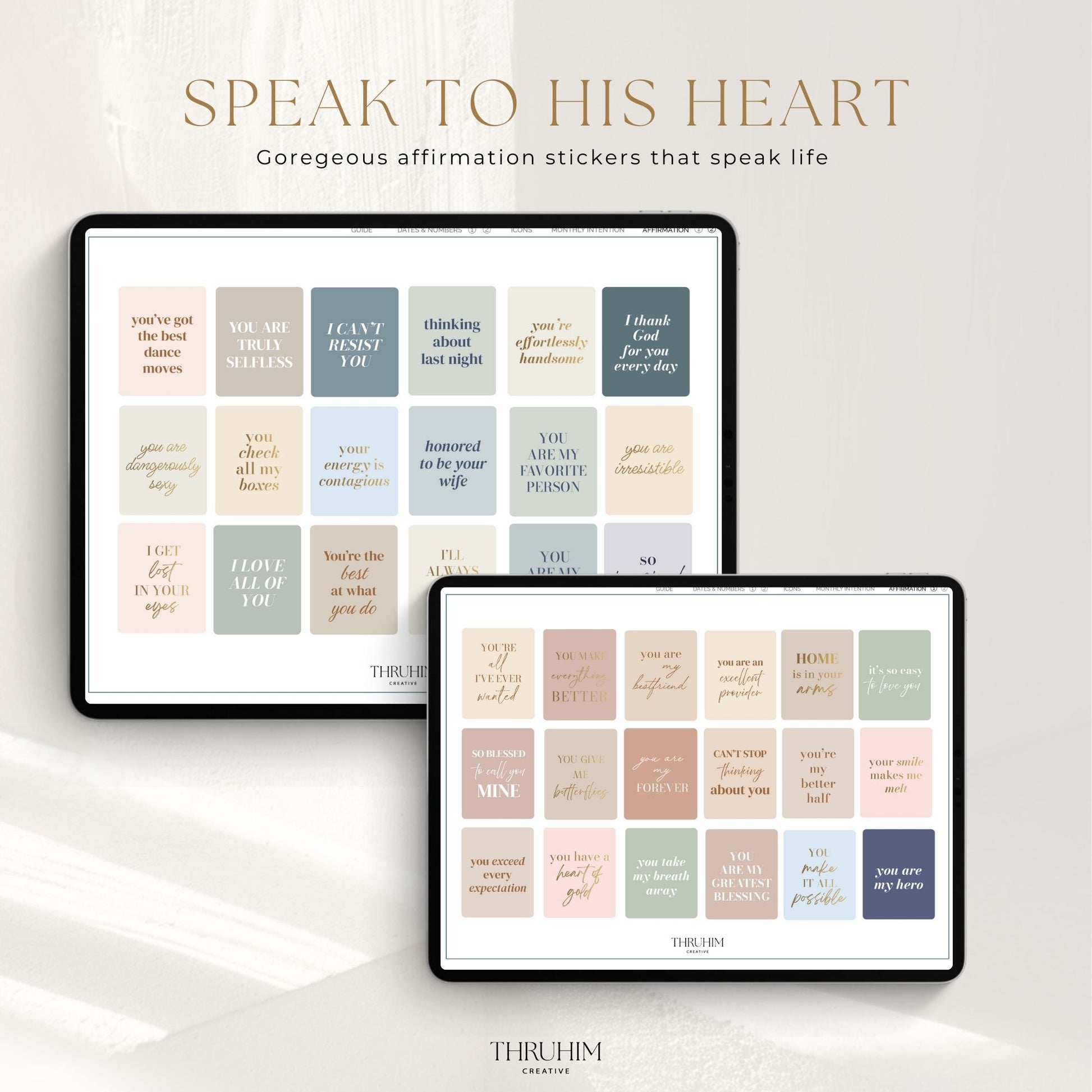 Faith-based marriage affirmation sticker collection displayed on tablet for digital journaling and daily habits