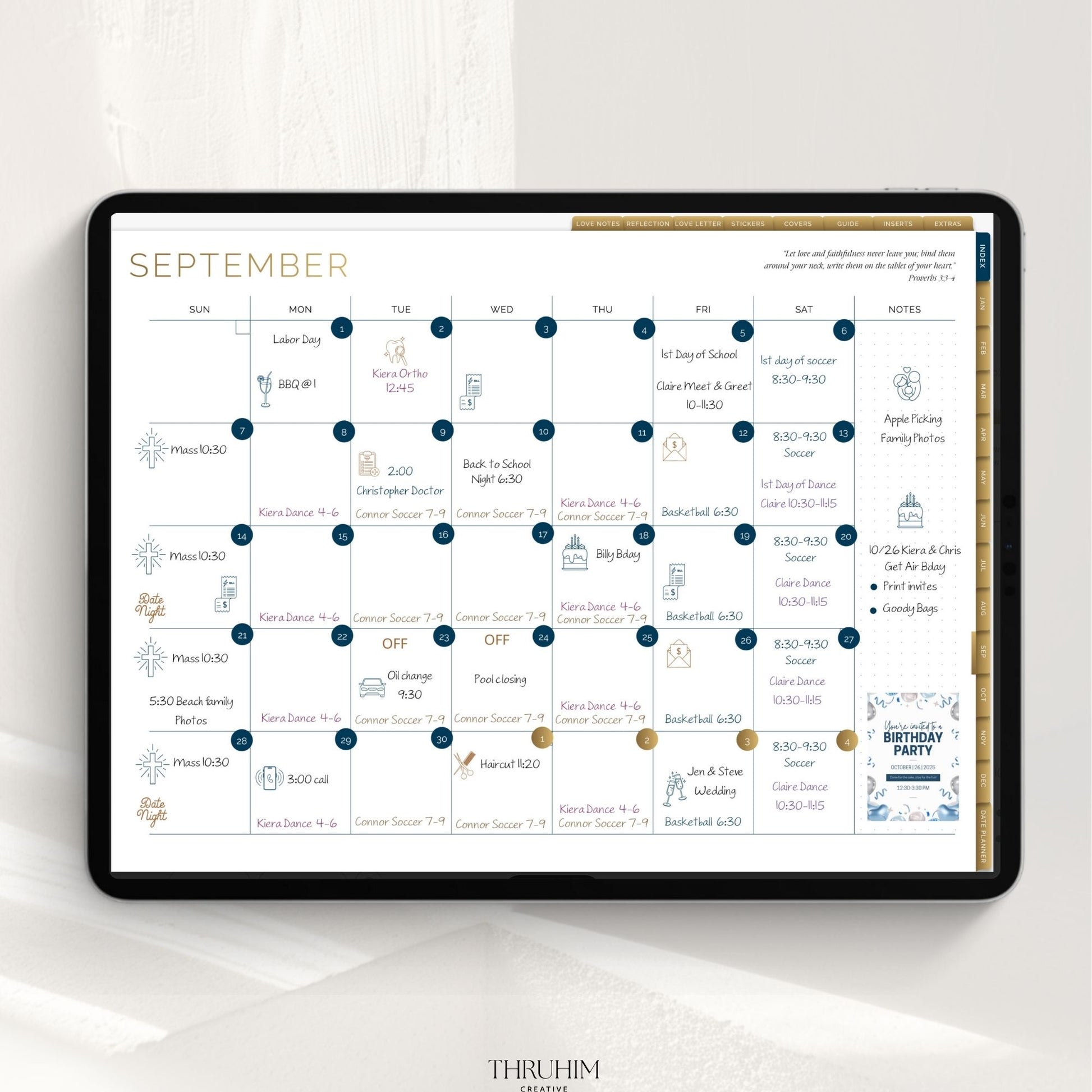 Monthly calendar page from the Honor Him Luxe Digital Marriage Transformation System with organized schedules, reminders, and family events.