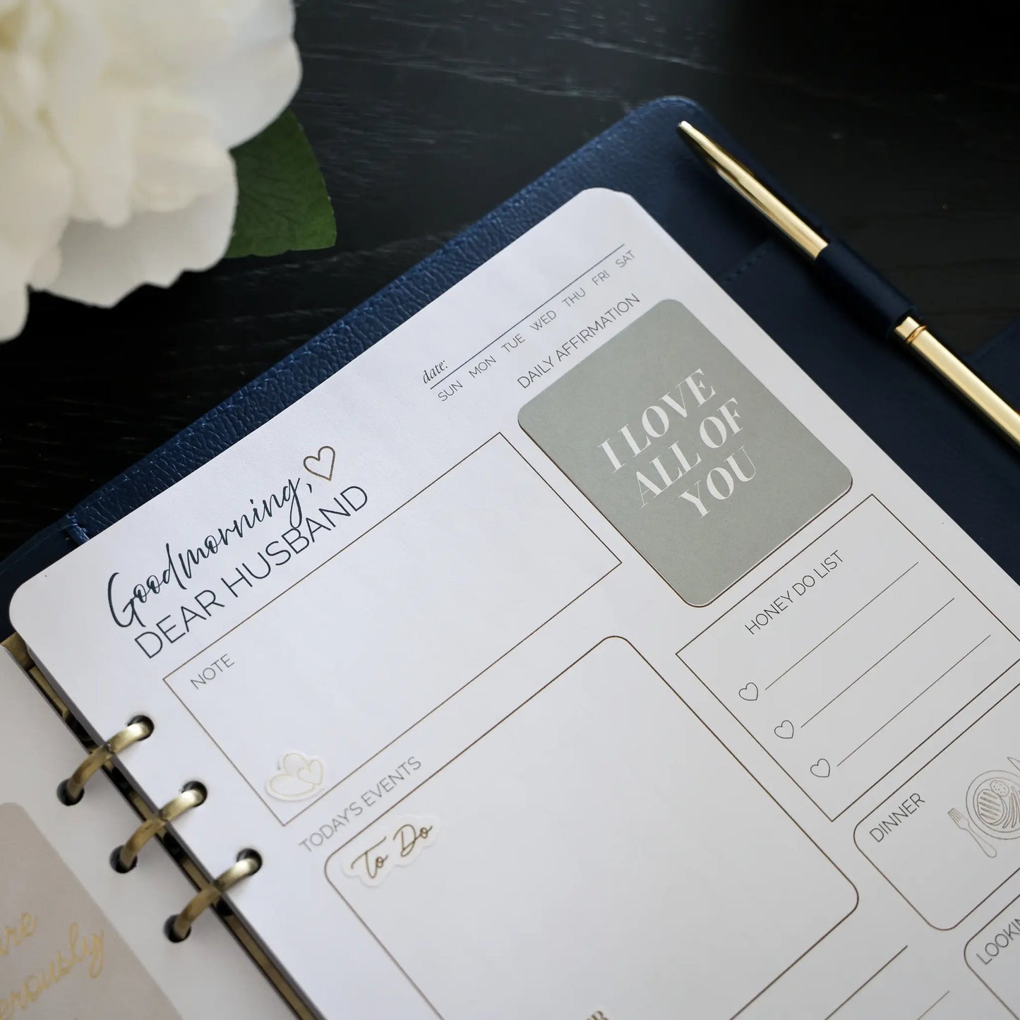 Close-up daily planning page from the Honor Him Luxe Marriage Transformation System with guided prompts, affirmations, honey-do list, and intentional habits for strengthening Christian marriage