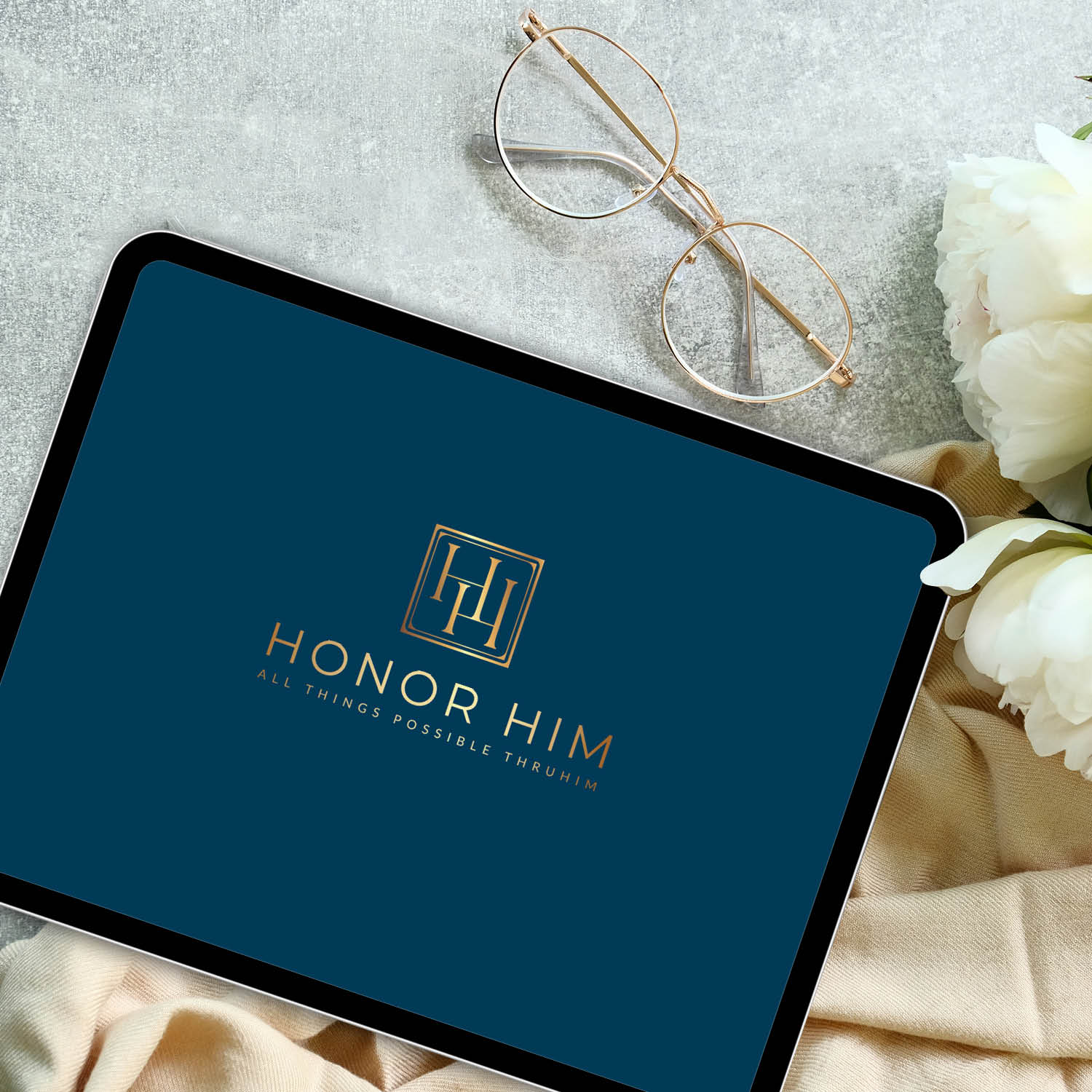 Honor Him Luxe Digital Marriage Transformation System displayed on a tablet, featuring a faith-based digital planner for couples