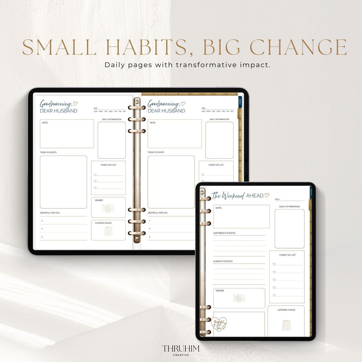 Digital pages from the Honor Him Luxe Marriage Transformation System featuring daily, weekly, and monthly planning layouts for couples.