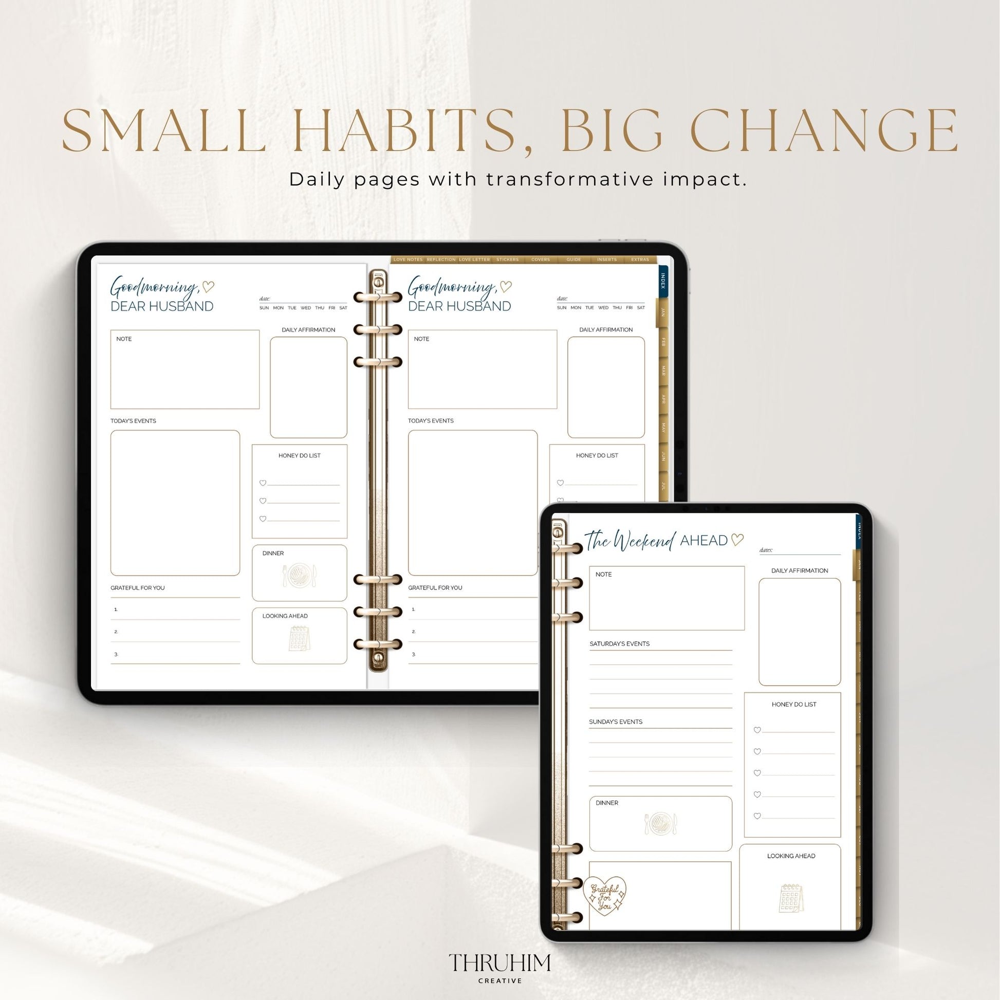 Digital pages from the Honor Him Luxe Marriage Transformation System featuring daily, weekly, and monthly planning layouts for couples.