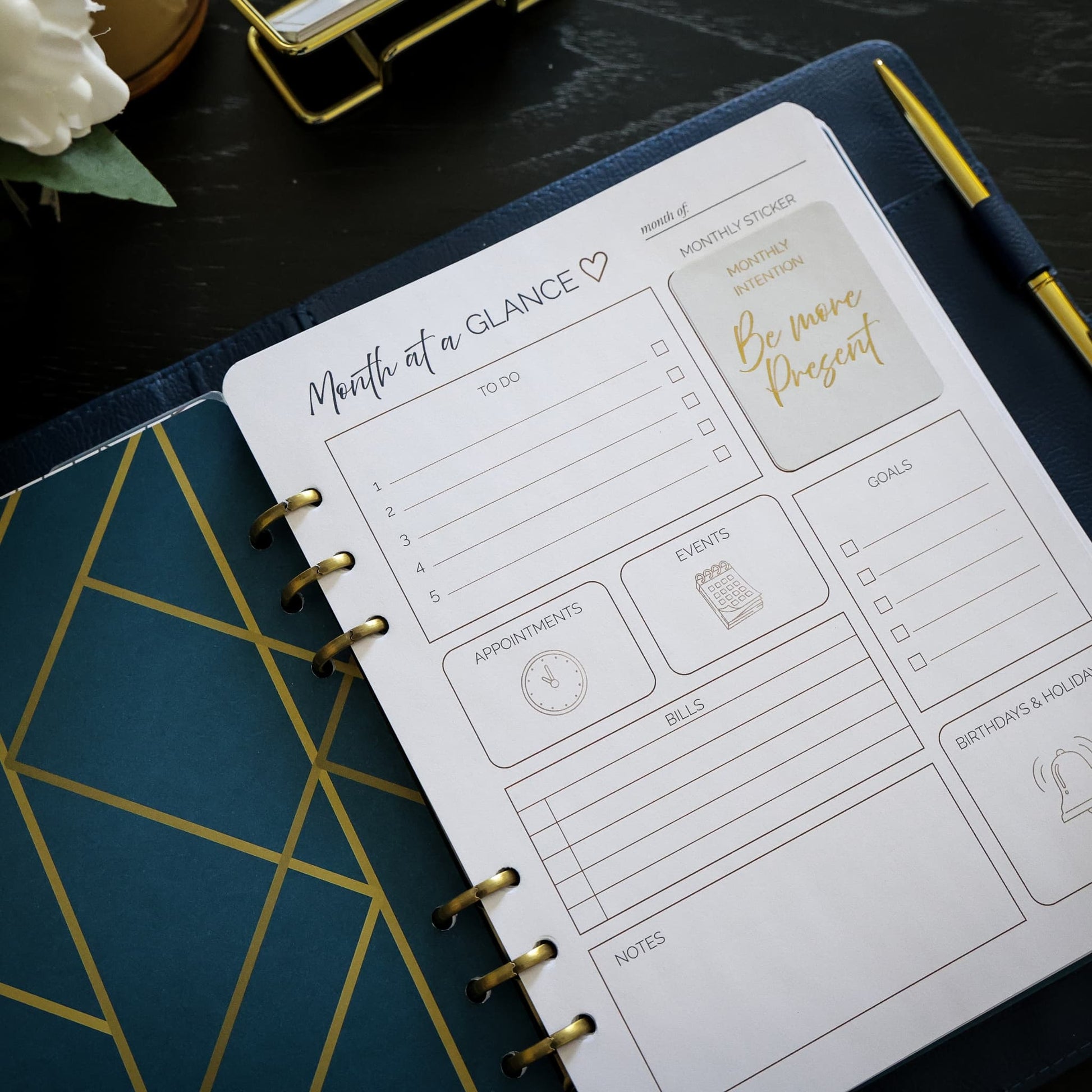 Month at a Glance planning page inside the Honor Him Luxe Marriage Transformation System for organizing goals, appointments, events, and intentional marriage priorities