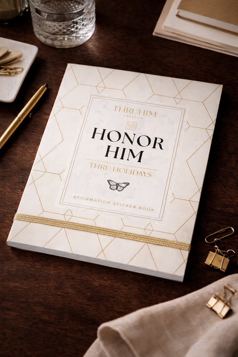 Honor Him Thru Holidays Affirmation Sticker Book featuring seasonal Christian marriage planner stickers for couples.