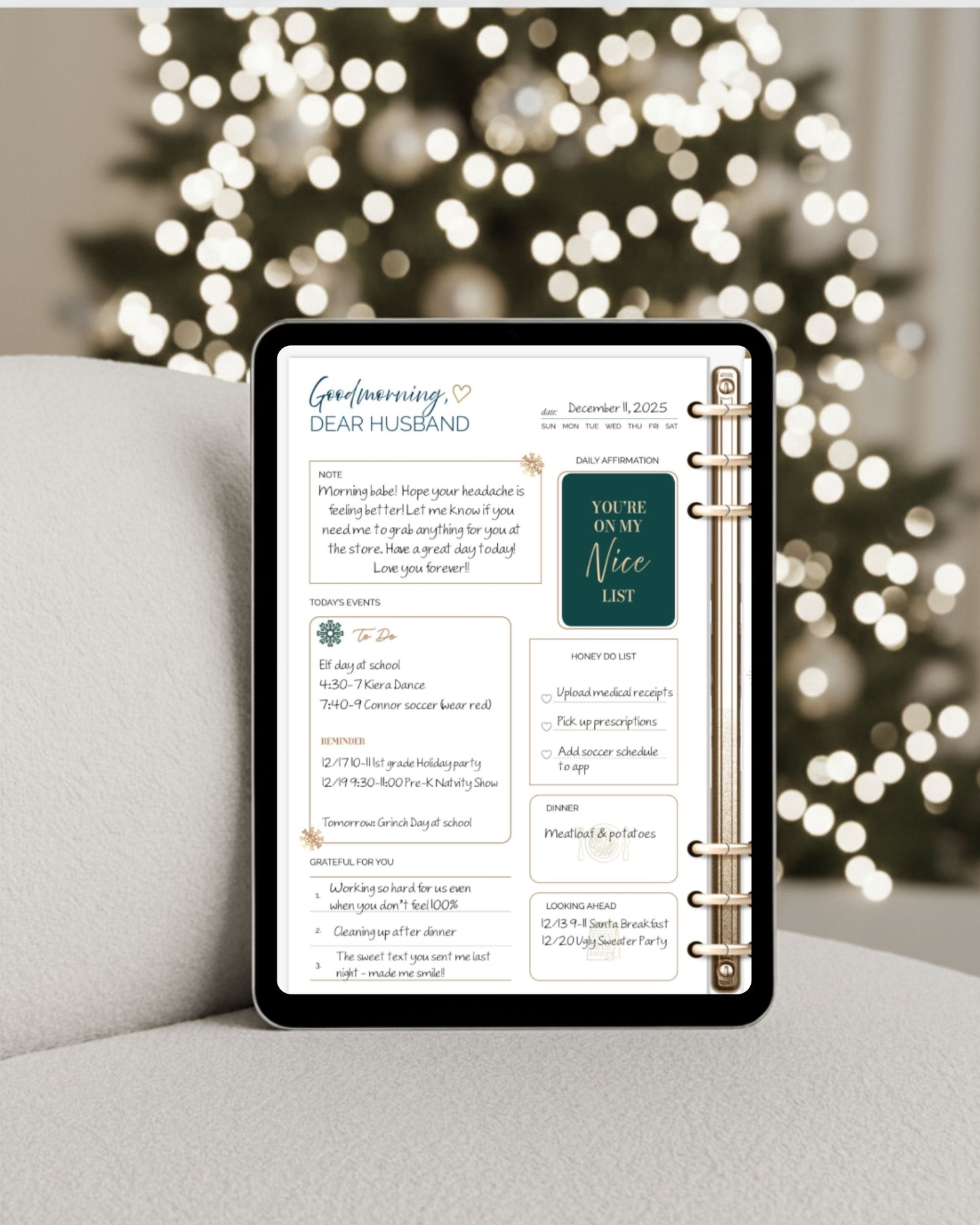 Digital planner displayed on a tablet featuring Honor Him Thru Holidays Christmas-themed affirmation stickers, holiday planning pages, and encouraging messages for Christian marriages.