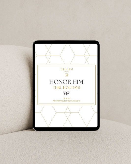 Digital Honor Him Thru Holidays affirmation sticker book cover displayed on a tablet, featuring holiday-themed marriage affirmation stickers for Christian couples.