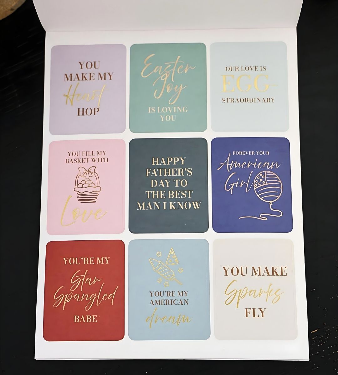 Easter, Father’s Day, and Fourth of July affirmation stickers from the Honor Him Thru Holidays Affirmation Sticker Book for seasonal marriage planning.