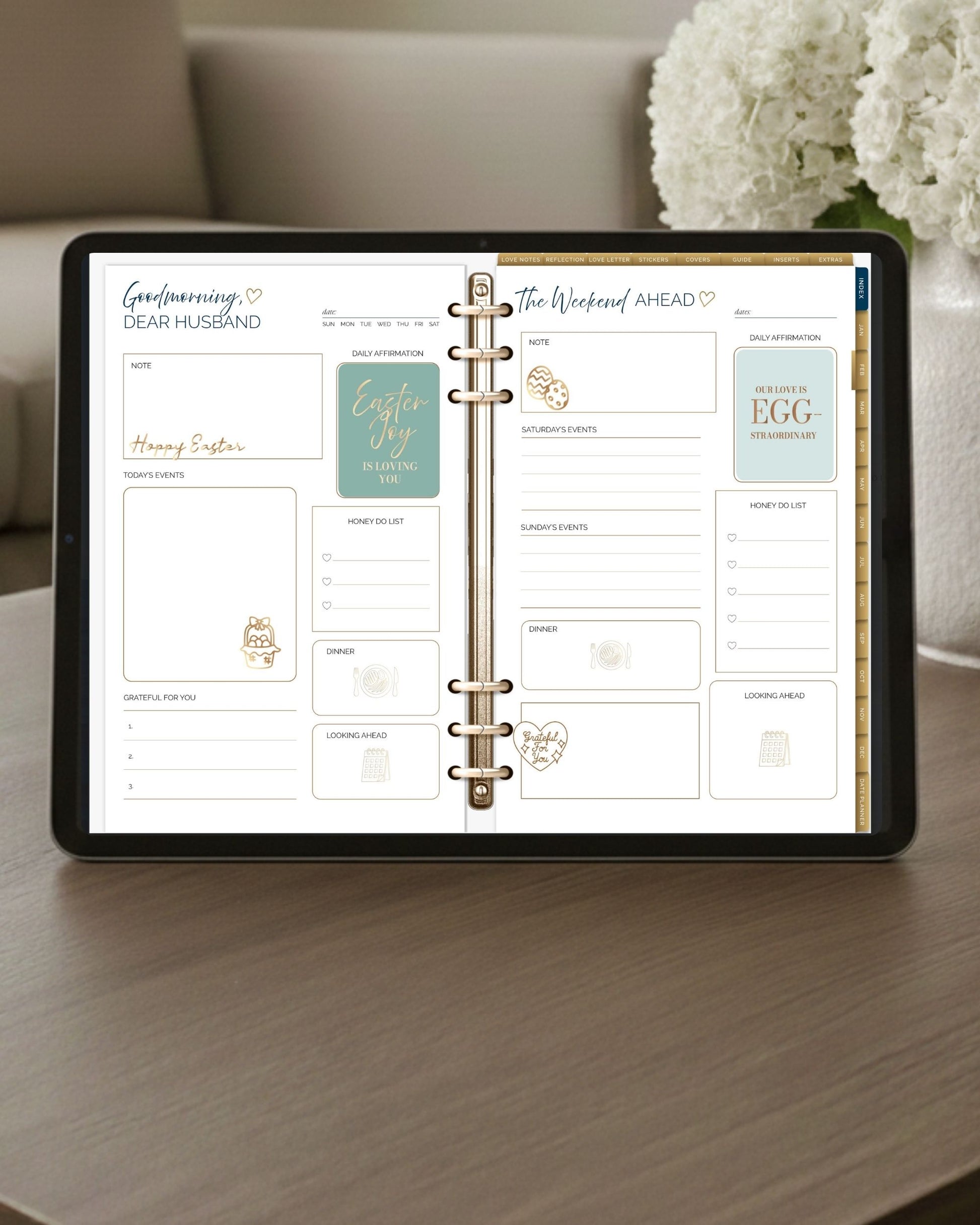 Digital planner displayed on a tablet with Honor Him Thru Holidays Easter-themed affirmation stickers, weekly planning pages, and marriage encouragement for Christian couples.