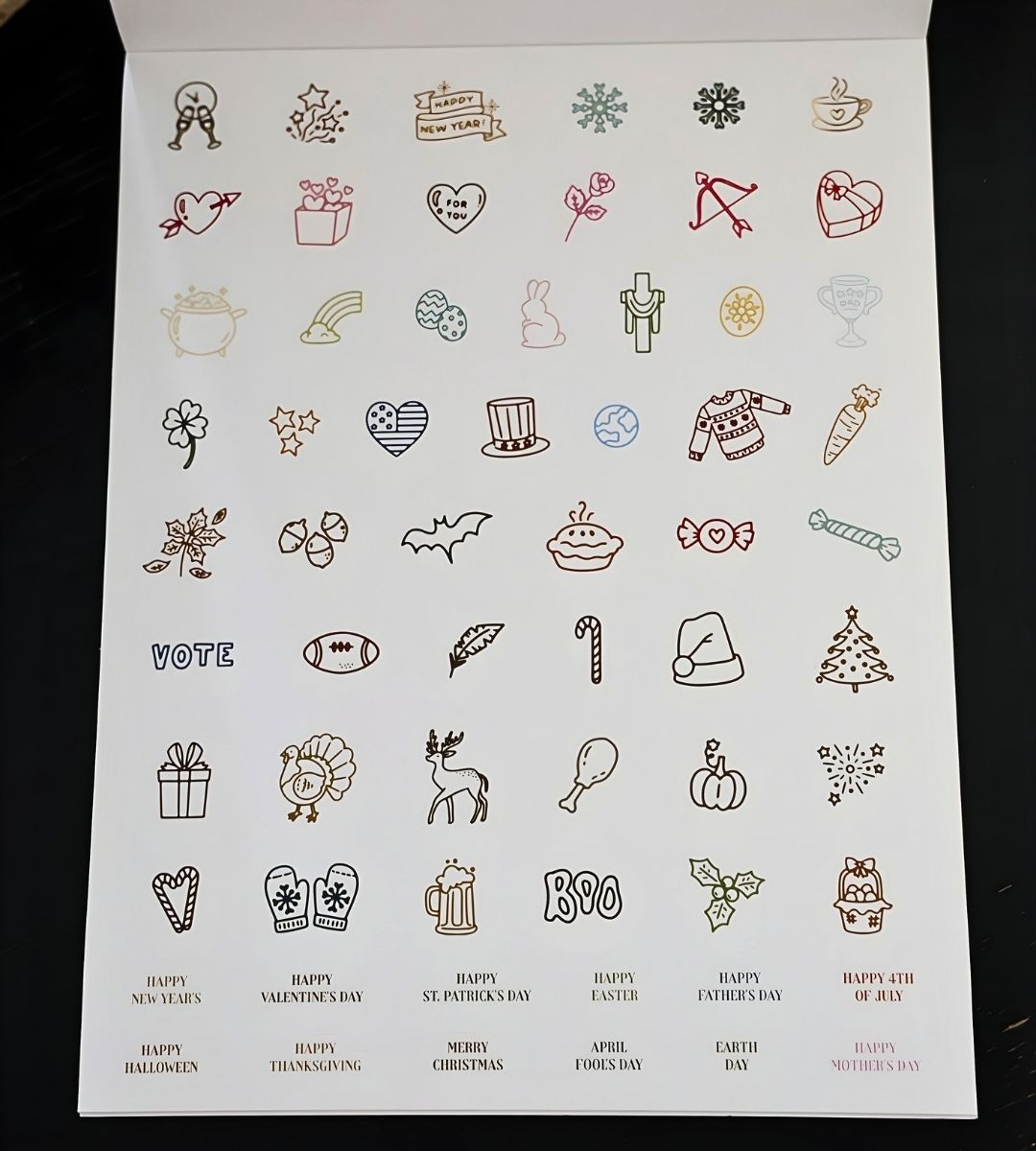 Seasonal icon stickers from the Honor Him Thru Holidays Affirmation Sticker Book featuring Christmas, Valentine’s Day, Easter, Halloween, Thanksgiving, Father’s Day, and Fourth of July designs.