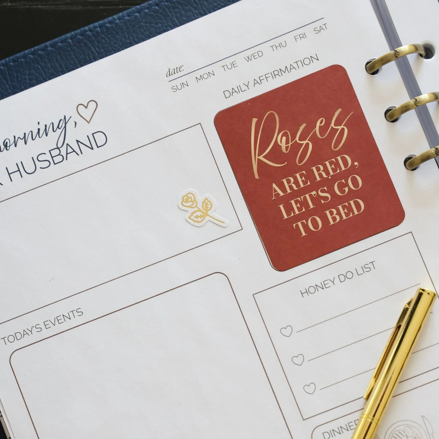 Valentine’s Day affirmation stickers from the Honor Him Thru Holidays Affirmation Sticker Book displayed inside the Honor Him Marriage Transformation System planner.