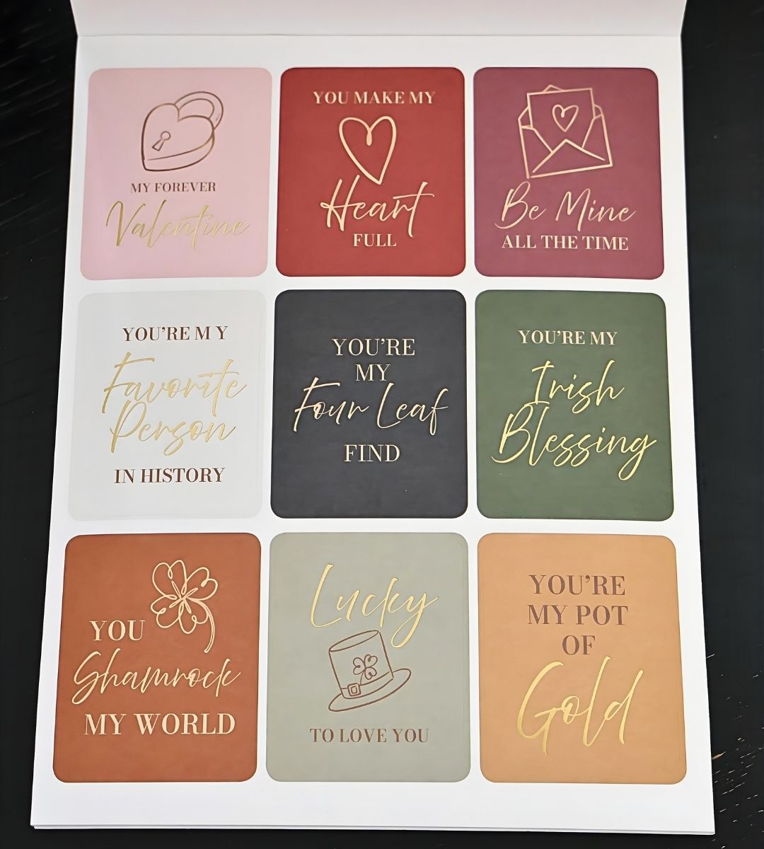 Valentine’s Day and St. Patrick’s Day affirmation stickers from the Honor Him Thru Holidays Affirmation Sticker Book for Christian marriage planners.