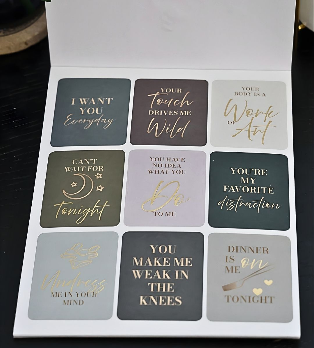 Date night and intimacy affirmation card stickers from the Honor Him Thru Intimacy Affirmation Sticker Book for intentional Christian marriages.
