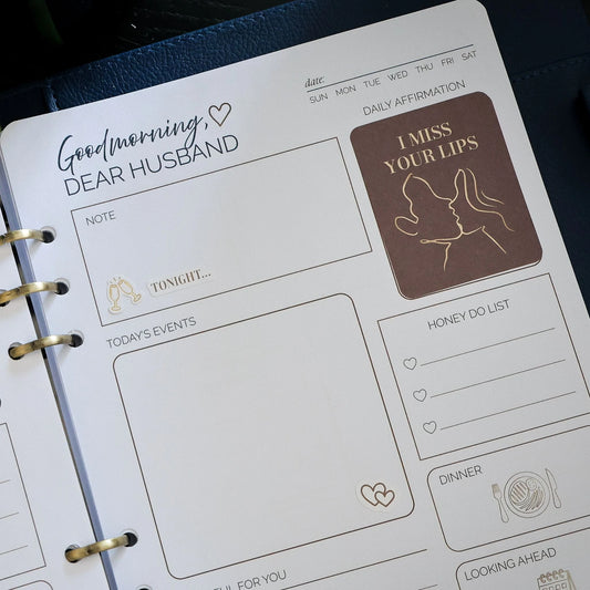 Honor Him Thru Intimacy Affirmation Sticker Book displayed inside the Honor Him marriage planner with romantic affirmation stickers and planner layout.