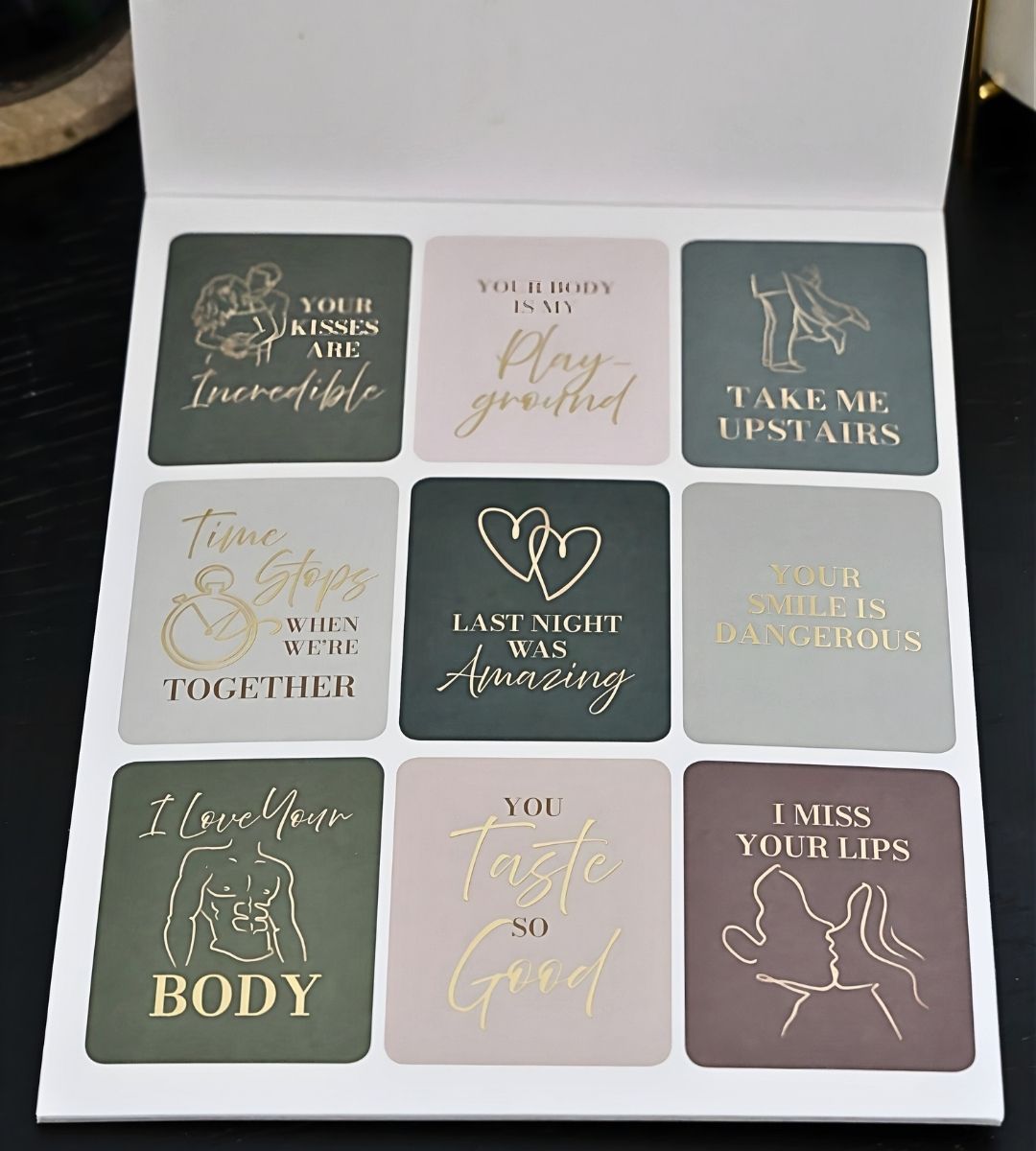 Romantic affirmation card stickers from the Honor Him Thru Intimacy Affirmation Sticker Book with intimate messages for married couples.