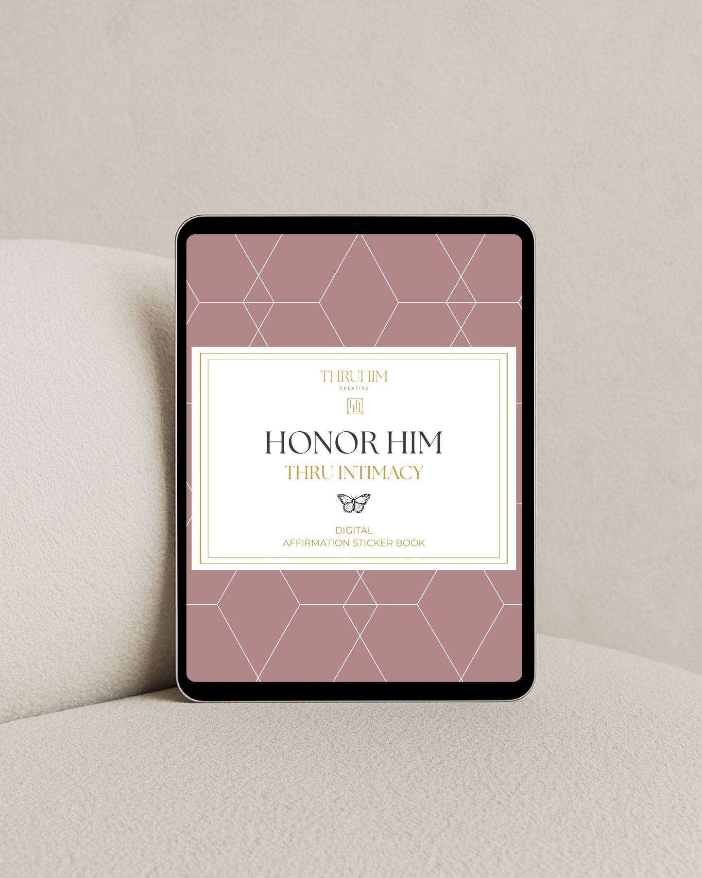 Digital Honor Him Thru Intimacy affirmation sticker book cover displayed on a tablet, featuring holiday-themed marriage affirmation stickers for Christian couples.