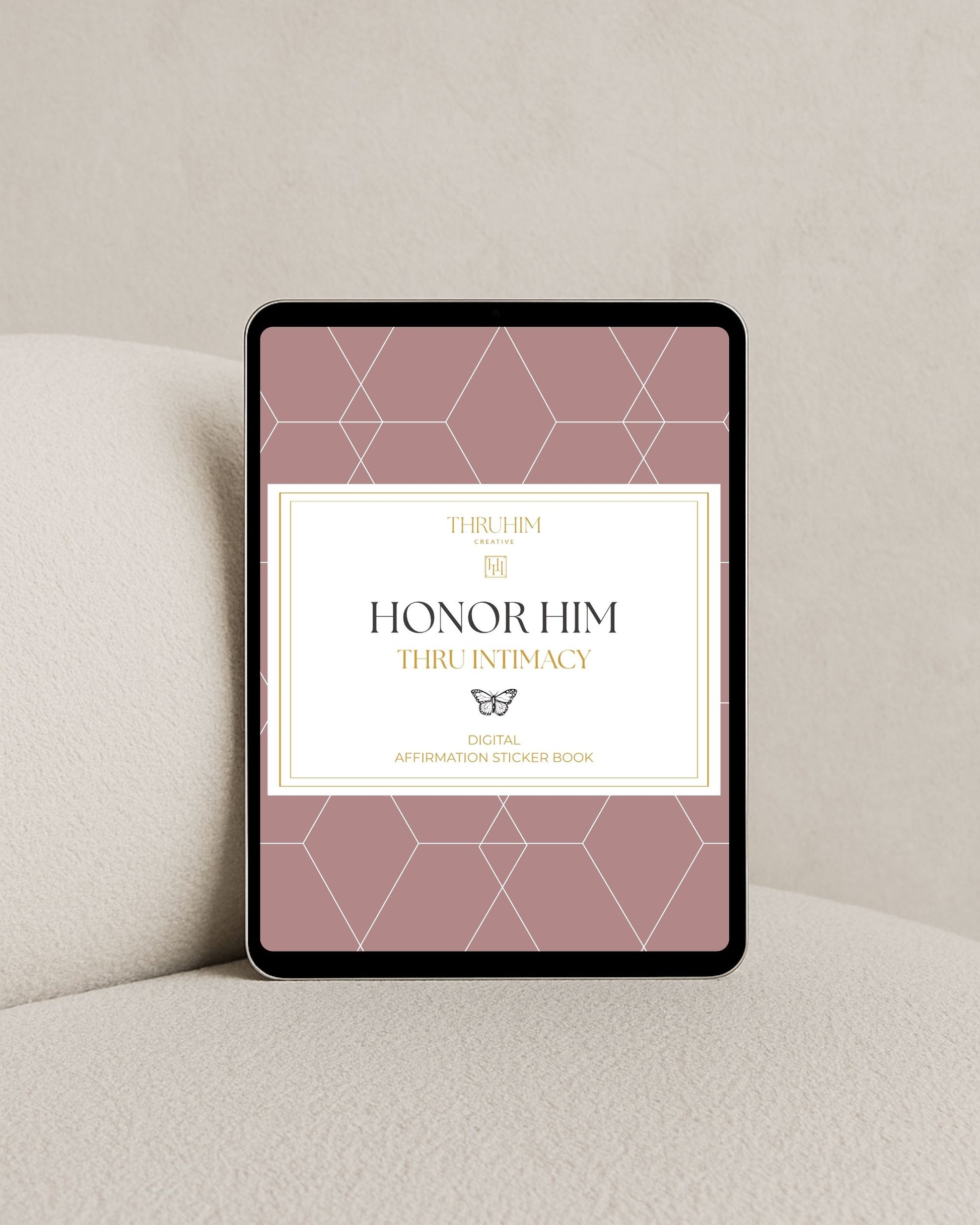 Digital Honor Him Thru Intimacy affirmation sticker book cover displayed on a tablet, featuring holiday-themed marriage affirmation stickers for Christian couples.