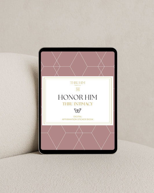 Digital Honor Him Thru Intimacy affirmation sticker book cover displayed on a tablet, featuring holiday-themed marriage affirmation stickers for Christian couples.