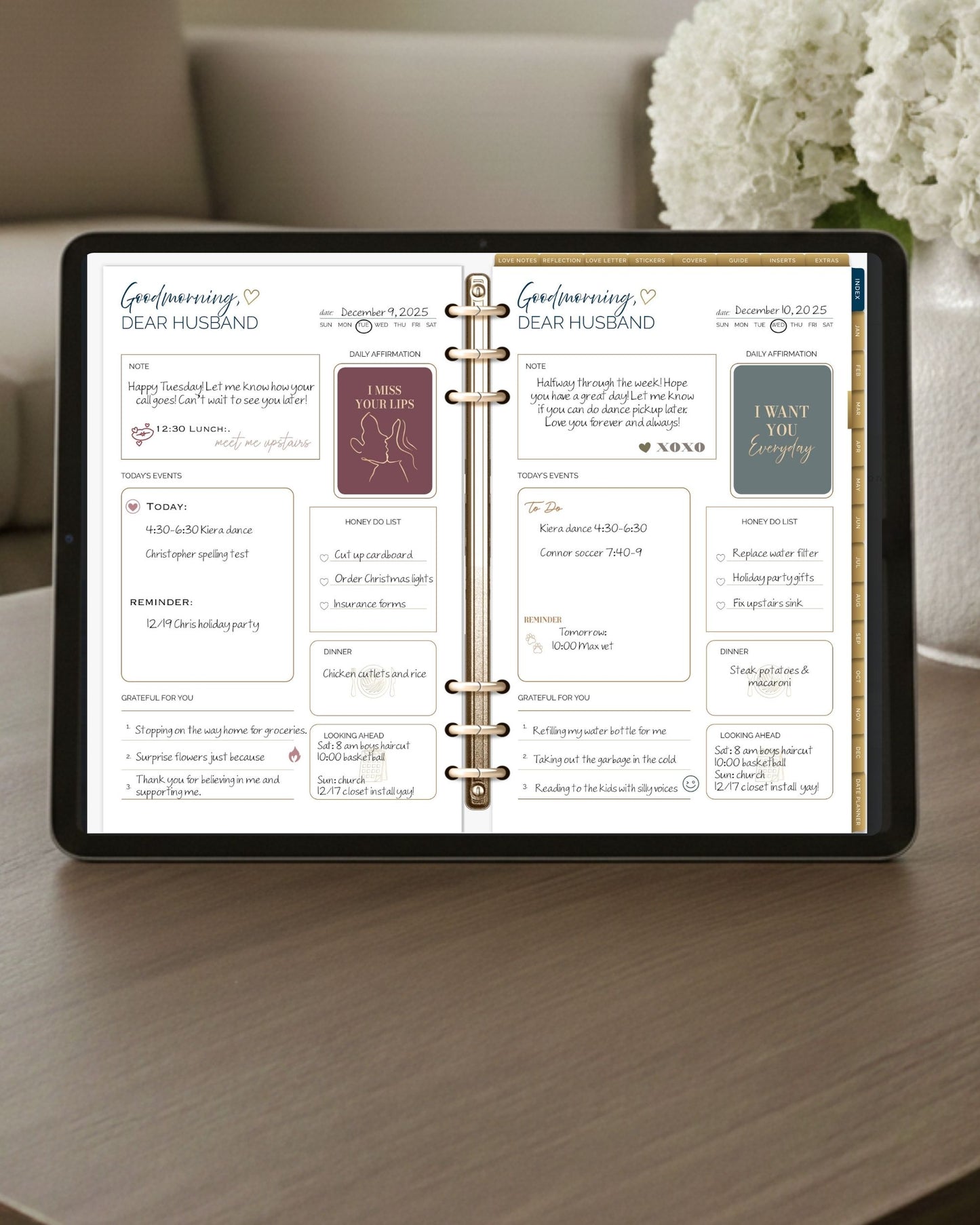 Digital planner displayed on a tablet featuring the Honor Him Thru Intimacy daily planner spread with affirmation stickers, love notes, daily schedules, meal planning, and gratitude prompts for married couples.