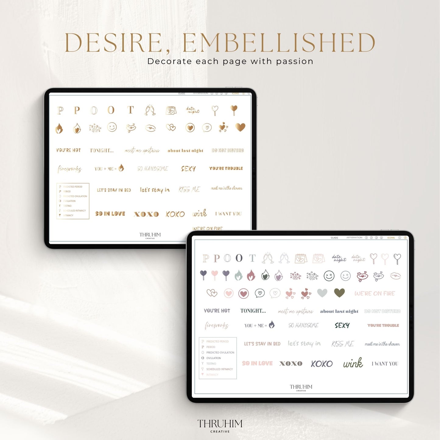 Honor Him Thru Intimacy Digital Sticker Book featuring decorative icons, romantic phrases, and planner stickers for digital marriage journals, planners, and note-taking.