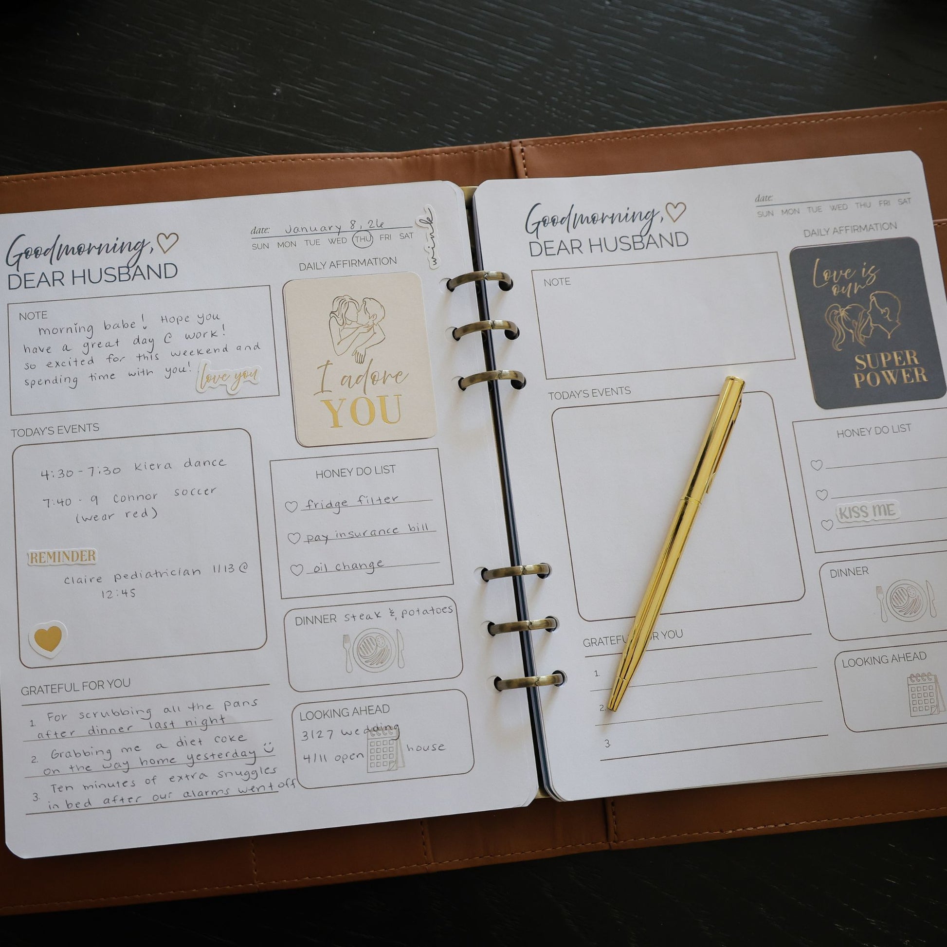 Honor Him Thru Words Affirmation Sticker Book decorating a planner spread with daily affirmations and notes for intentional marriage.