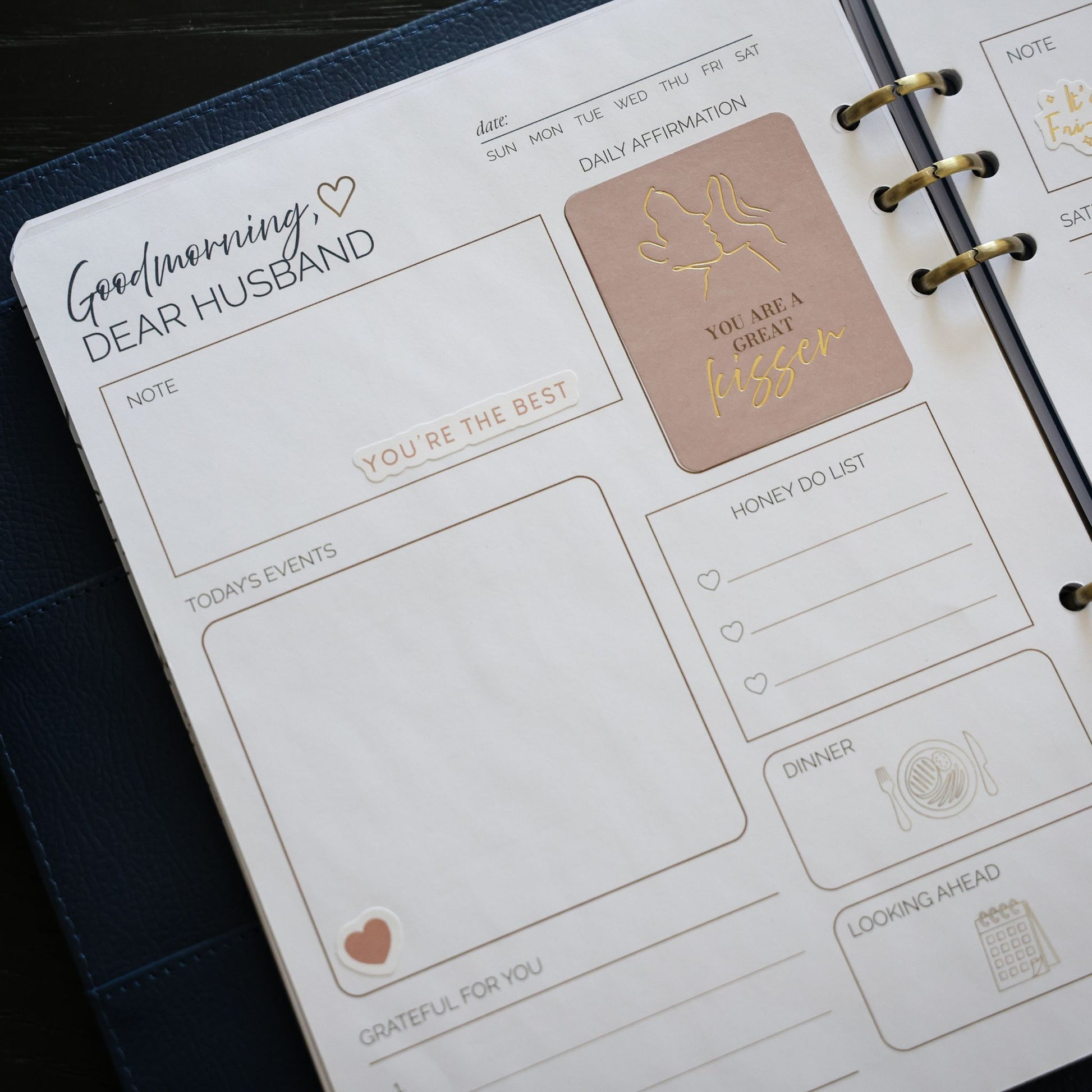 Honor Him Thru Words Affirmation Sticker Book used inside the Honor Him planner with gold foil affirmation stickers.