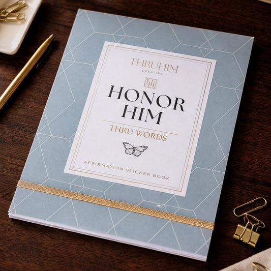 Honor Him Thru Words Affirmation Sticker Book displayed inside the Honor Him marriage planner with affirmation stickers.