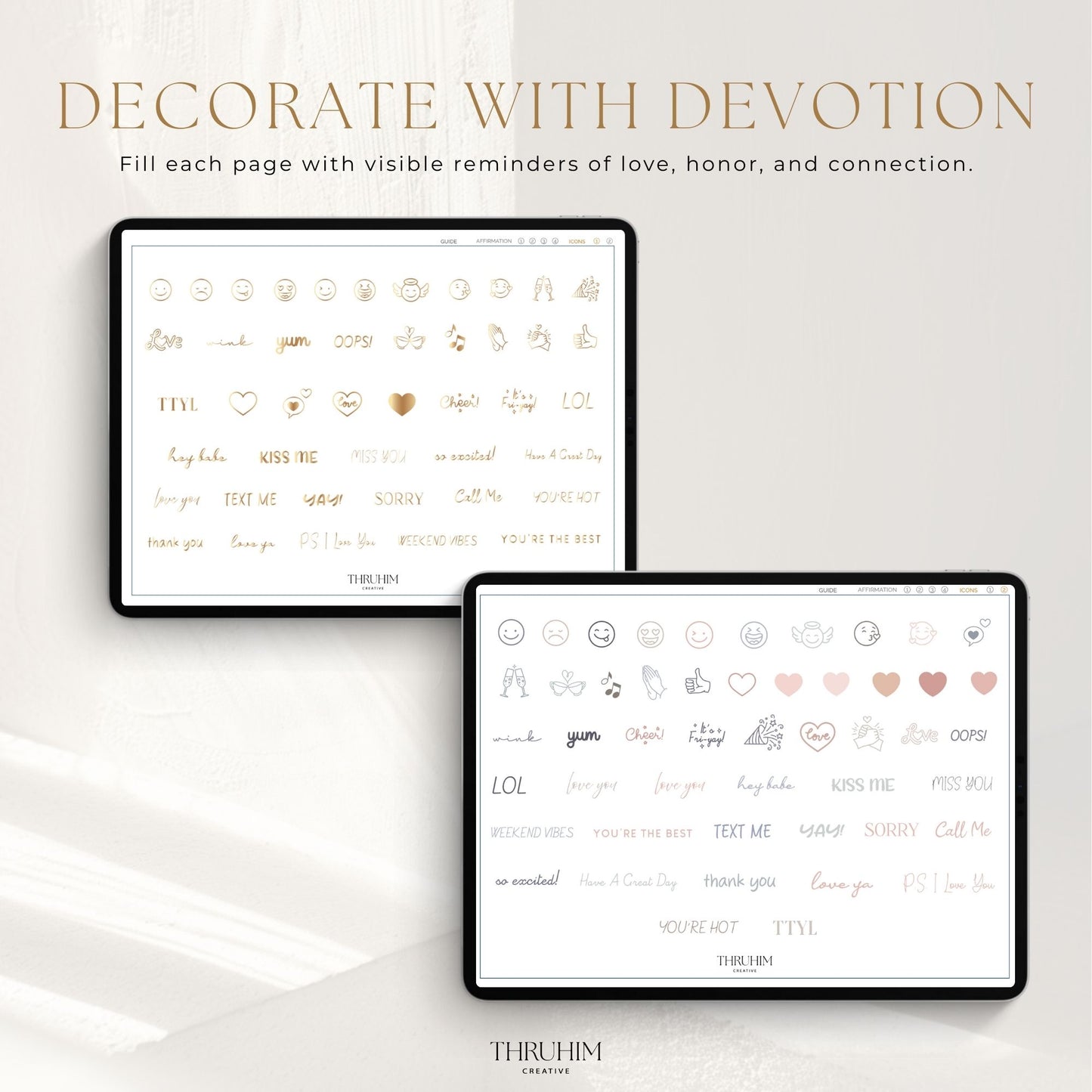 Honor Him Thru Words Digital Sticker Book featuring “Decorate with Devotion” digital planner stickers with icons, hearts, and encouraging phrases for Christian marriage planners.