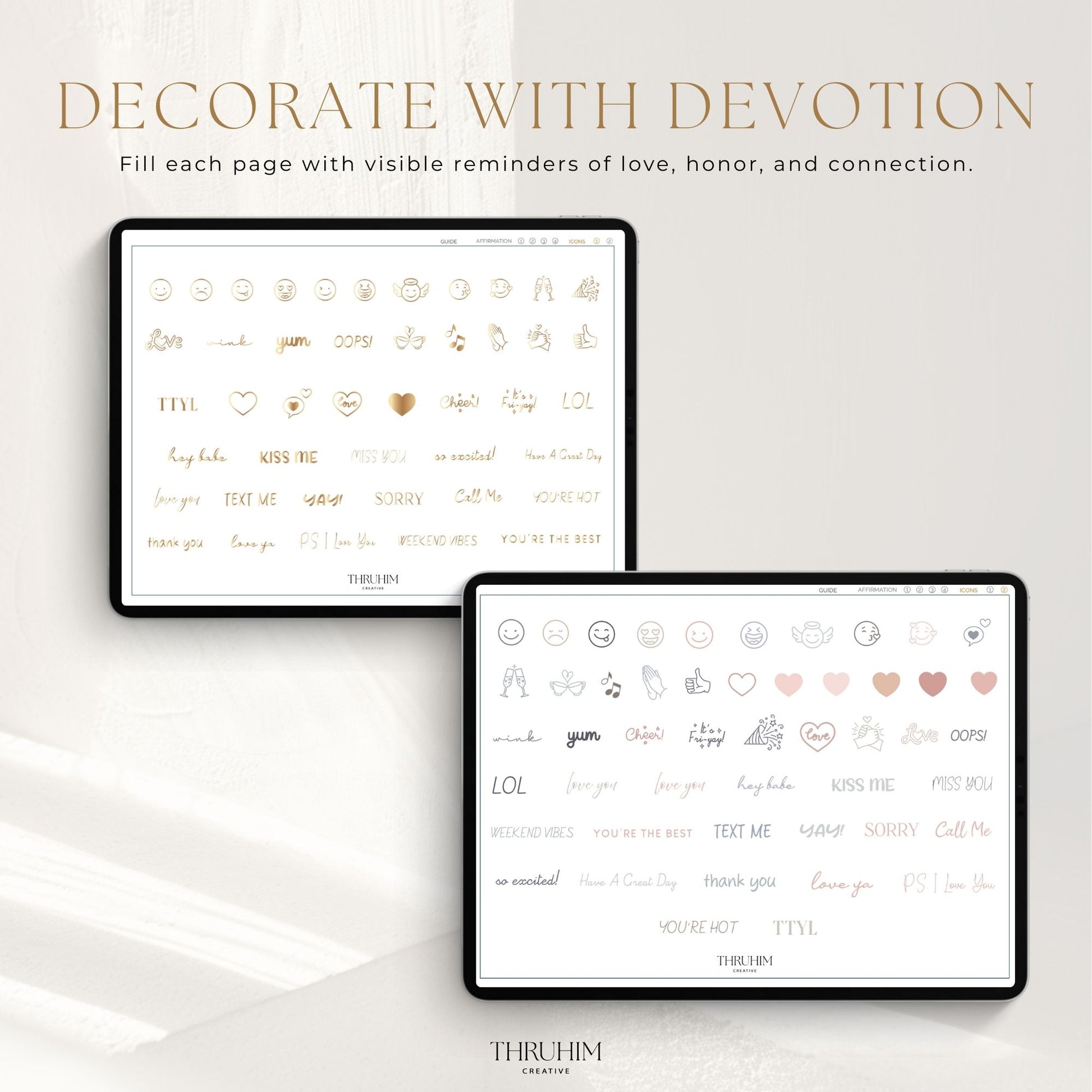 Honor Him Thru Words Digital Sticker Book featuring “Decorate with Devotion” digital planner stickers with icons, hearts, and encouraging phrases for Christian marriage planners.
