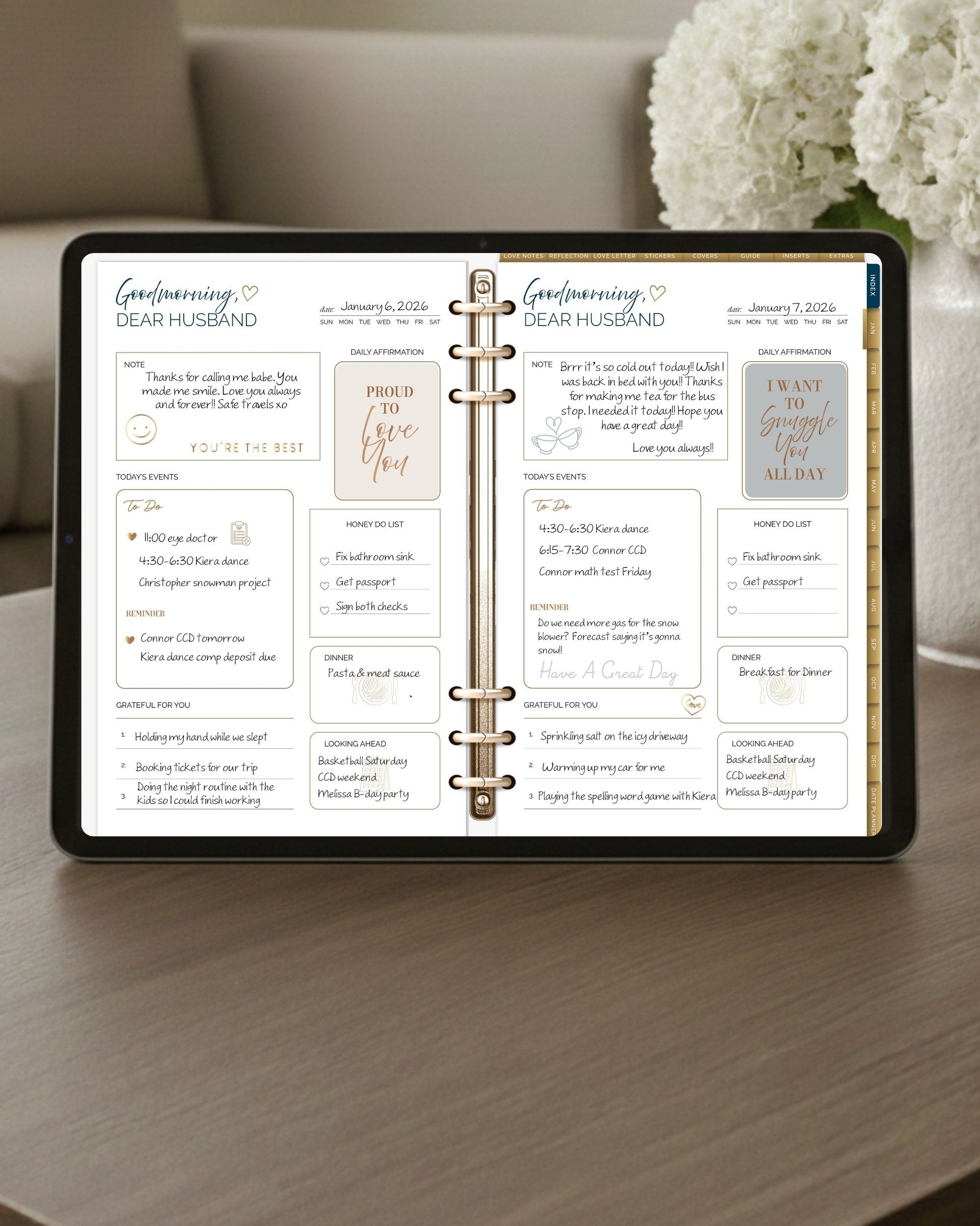 Honor Him Thru Words Digital Sticker Book displayed in a digital planner on an iPad, featuring faith-based affirmation stickers for GoodNotes and other note-taking apps.