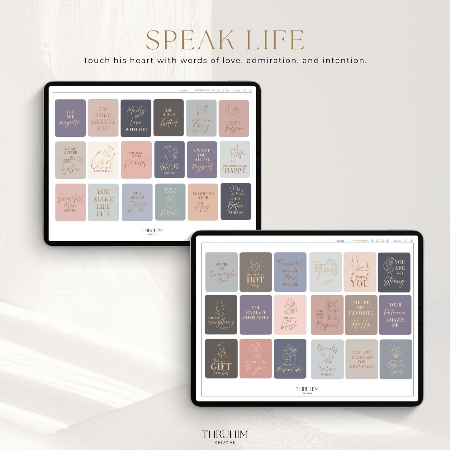 Honor Him Thru Words Digital Sticker Book featuring “Speak Life” affirmation stickers with uplifting words of love, encouragement, and appreciation for digital planners.