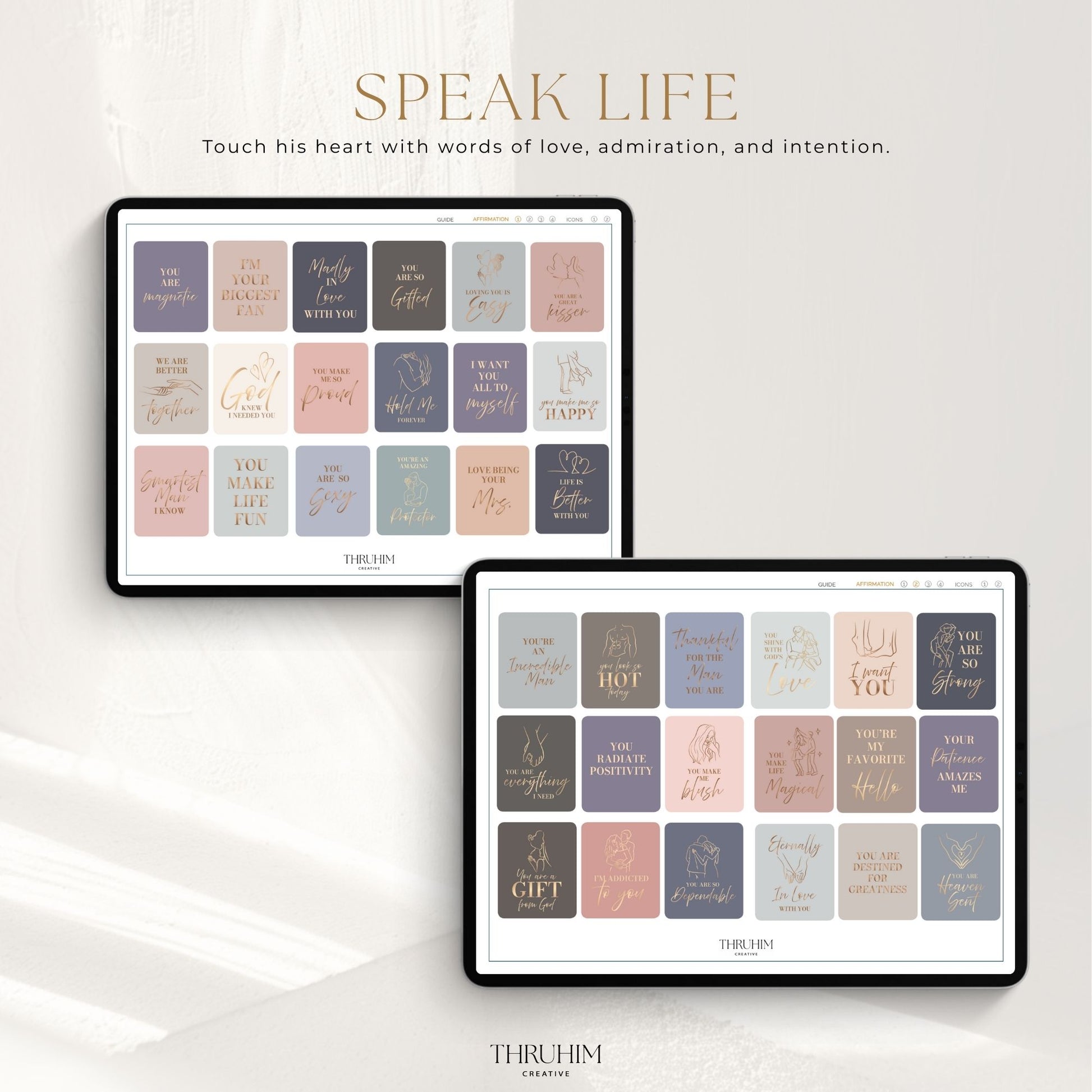 Honor Him Thru Words Digital Sticker Book featuring “Speak Life” affirmation stickers with uplifting words of love, encouragement, and appreciation for digital planners.