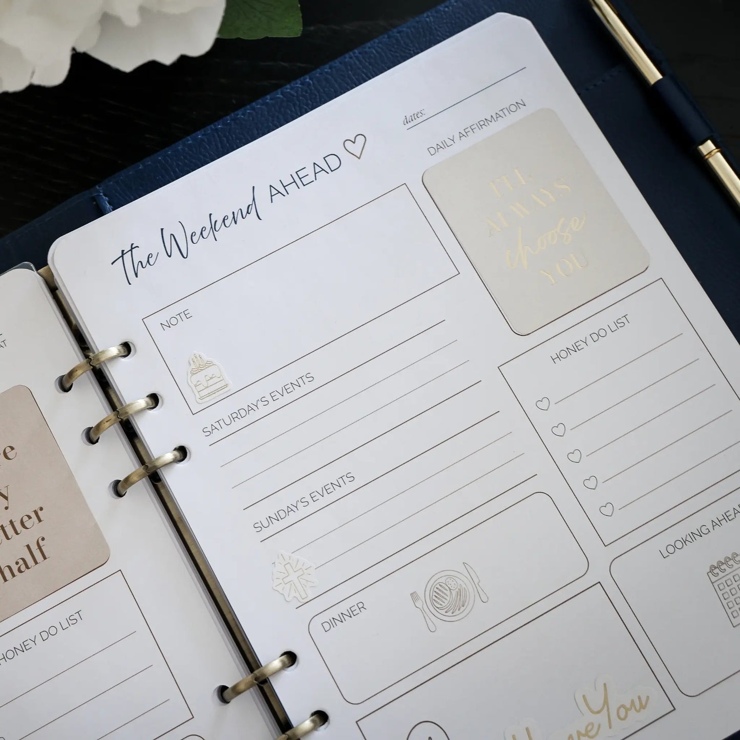 Weekend planning pages inside the Honor Him Luxe Marriage Transformation System featuring guided prompts, daily affirmations, weekend planning, and intentional marriage activities