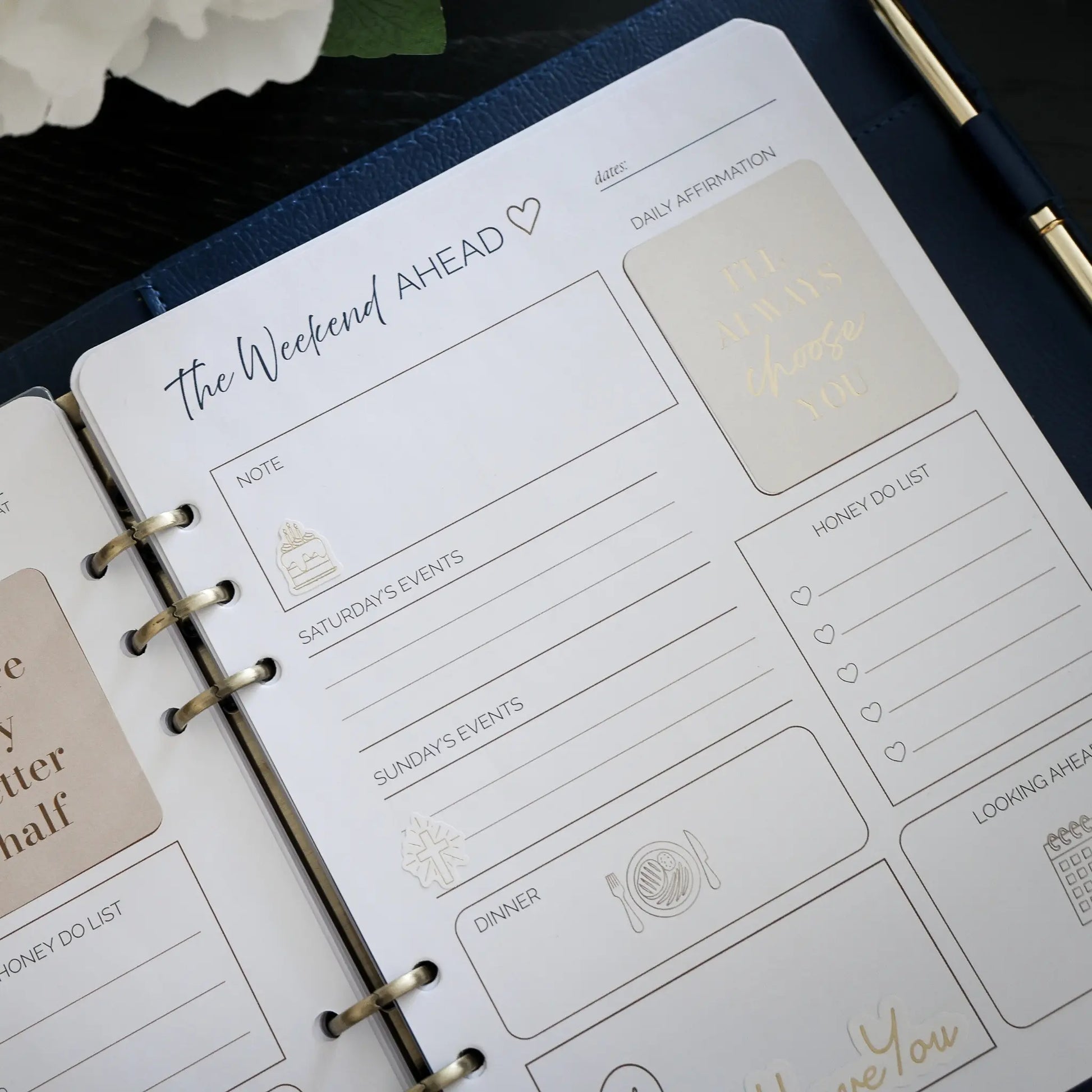Weekend planning pages inside the Honor Him Luxe Marriage Transformation System featuring guided prompts, daily affirmations, weekend planning, and intentional marriage activities