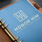 Honor Him cover page guided Christian marriage journal inside a cognac leather padfolio