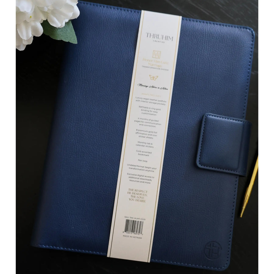 Honor Him Luxe Marriage Transformation System Navy Edition in a premium vegan leather padfolio with product packaging