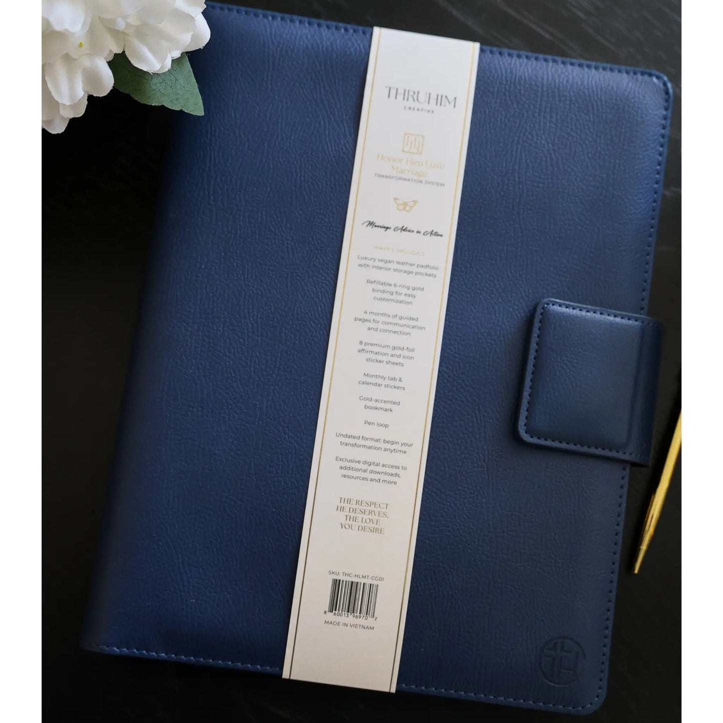 Honor Him Luxe Marriage Transformation System Navy Edition in a premium vegan leather padfolio with product packaging