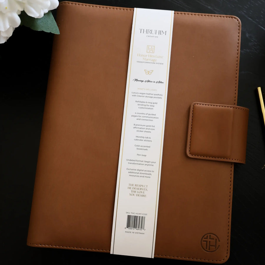 Honor Him Christian Marriage Transformation System in a cognac leather padfolio by THRUHIM Creative